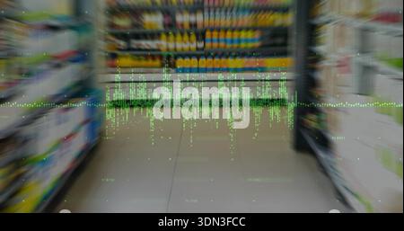 Showing central grocery aisle with shelves and green data waveform overlay in supermarket Stock Photo