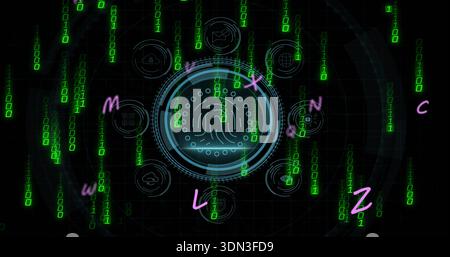 Displaying biometric fingerprint inside circular HUD, with green code rain, icons, magenta letters Stock Photo