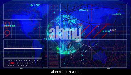 Rendering central low-poly globe rotating on digital dashboard, with HUD panels, coded text Stock Photo