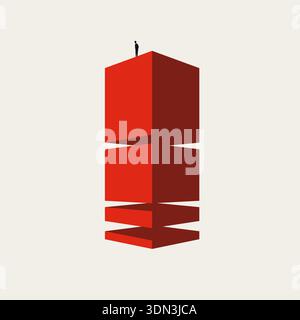 This minimal vector illustration shows a business build concept to scale and expand. A red cube block tower represents growth and high success in this Stock Vector
