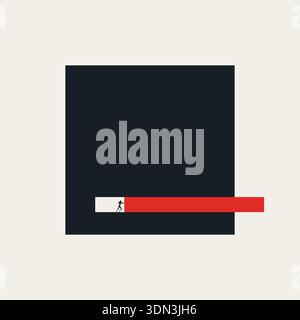 This minimal vector illustration shows a business woman pushing a red beam to think outside the box. A creative metaphor concept for brainstorming and Stock Vector