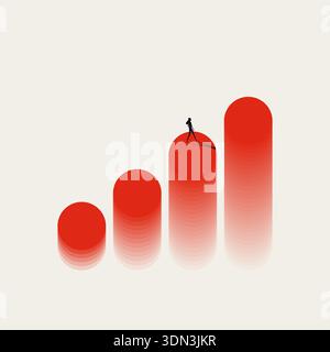 A minimalist business vector concept illustration showing a woman walking up red rounded bar chart columns, symbolizing career progression, financial Stock Vector