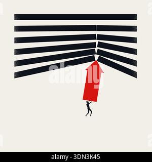 Business Achievement and Growth Concept with Man Pushing Red Arrow Upward to Break Through Obstacles and Barriers Stock Vector