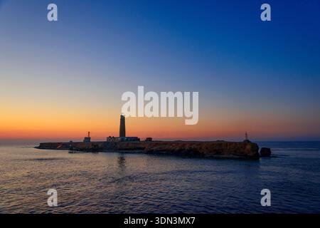 Sunset Brother Island and Lighthouse, Brother Islands, Brothers, Red Sea, Egypt, Africa Stock Photo