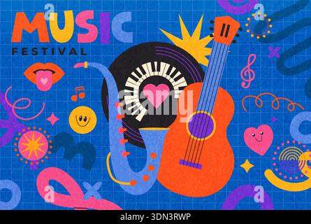 Summer music festival textured banner with sax, guitar,vinyl record on fun childish background. Musical fest party,concept of live music festival, jazz and rock event. Vector illustration. Stock Vector