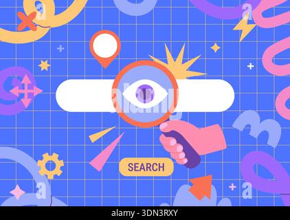 Magnifying glass in a search box on fun childish background. Search bar for information web search and analysis. Search engine optimization and web analytics. AI search engines concept. Vector Stock Vector