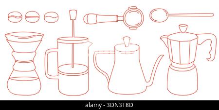Hand-drawn coffee brewing equipment collection made of pour over dripper, French press, gooseneck kettle, tamper and coffee beans Stock Vector