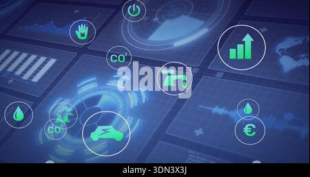 Displaying energy dashboard on control panel with glowing central HUD, grid panels, green icons Stock Photo