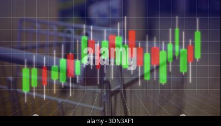Displaying candlestick financial chart with 3D grid over modern office desk, laptop and metal chair Stock Photo