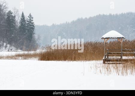 Frozen lake in winter covered by the snow with a wooden pier and gazebo, surrounded by forest and reeds Stock Photo