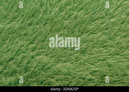 Soft green plush fabric texture background, close up macro shot of fuzzy textile material, cozy aesthetic surface for design Stock Photo