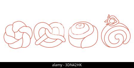 Hand-drawn set of sweet bakery desserts including cinnamon roll, pretzel, filled pastry roll and braided bun in line art style Stock Vector