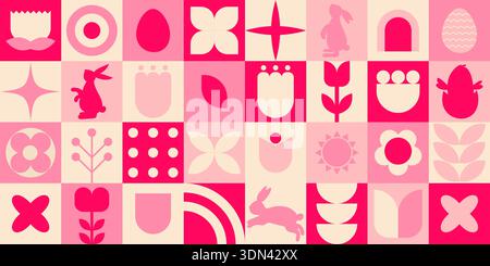 Colorful geometric Easter banner featuring various festive symbols and patterns Stock Vector