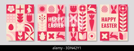 Four geometric posters featuring Easter themes with flowers and bunnies Stock Vector