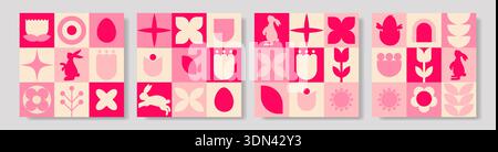 Colorful geometric cards featuring Easter symbols and floral patterns Stock Vector