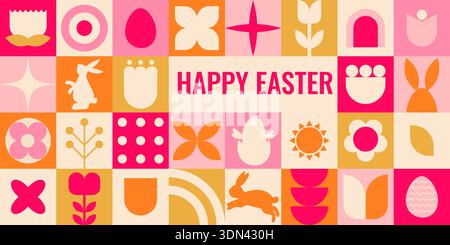 Colorful geometric banner featuring Easter symbols and patterns Stock Vector