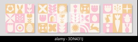 Four geometric Easter cards featuring floral and bunny designs in pastel colors Stock Vector