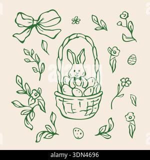 Set of whimsical outline easter rabbit in basket with bow, flowers and leaves Stock Vector