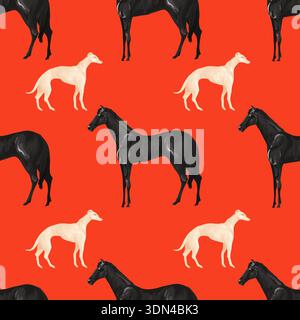 Seamless pattern with black horses and white dogs. Vector. Stock Vector