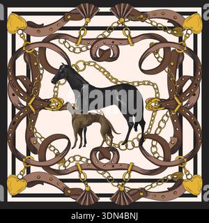 Design scarf with belts and horses. Vector. Stock Vector