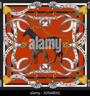 Design scarf with belts and horses. Vector. Stock Vector