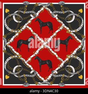 Design scarf with belts and horses. Vector. Stock Vector