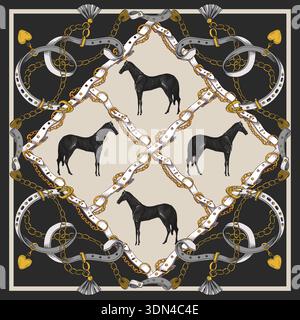 Design scarf with belts and horses. Vector. Stock Vector