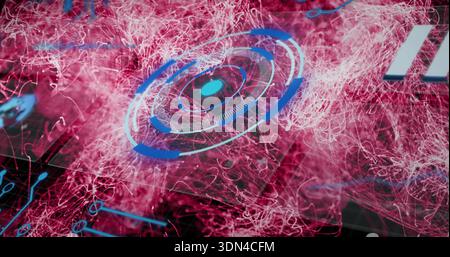 Rotating central HUD interface glowing on dark screen, with magenta wisps, blue arcs, cyan core Stock Photo