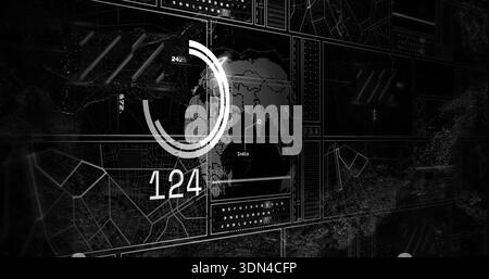 Displaying central HUD on monitor showing world map India with circular gauge and readout 124 Stock Photo
