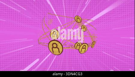 Forming spherical network glowing in magenta backdrop, with golden avatar tokens, connecting lines Stock Photo