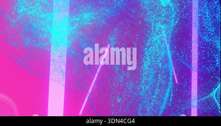 Swirling cyan particle clouds forming waves in pink cyan digital space, with three vertical bars Stock Photo
