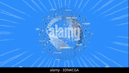 Displaying translucent wireframe globe showing continents on blue canvas, with nodes, hex labels Stock Photo