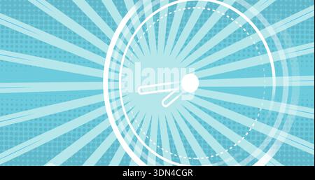 Displaying large clock sitting at center on teal-blue field, with white hub and minimalist hands Stock Photo