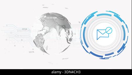 Displaying blue-cyan HUD showing envelope icon on right side UI, with globe, circuits, copy space Stock Photo