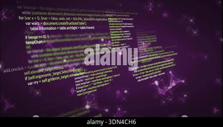 Drifting programming code blocks creating deep purple cyberspace, with glowing nodes and mesh lines Stock Photo