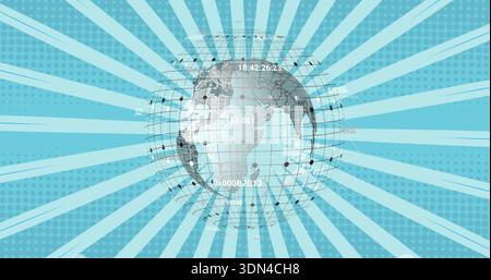 Displaying stylized globe rotating in teal graphic, showing wireframe grid, nodes and numeric text Stock Photo