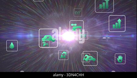 Radiating central light burst sending lens flare across nebula, with rounded frames and green icons Stock Photo