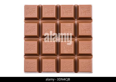 Stuttgart, Germany - September 19, 2025: Ritter Sport chocolate bar with company logo isolated on white in Stuttgart, Germany. Stock Photo