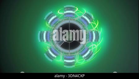 Rotating circular tech hub against dark green gradient, with metallic core, 8 modules, neon trails Stock Photo