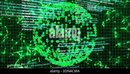Rotating central glowing data globe forming in virtual 3D visual, with green nodes, filaments, code Stock Photo