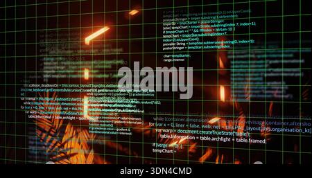 Displaying layered source code and turquoise perspective grid in digital display, with amber flares Stock Photo