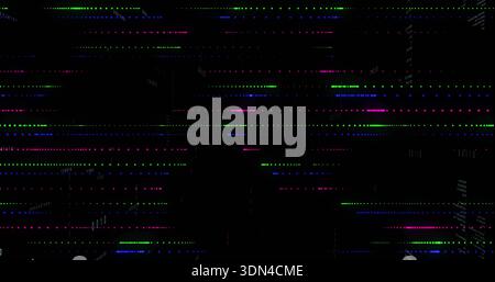 Pulsing abstract glitch pattern spanning black display, with multicolored lines and pixel blocks Stock Photo