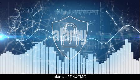 Displaying centered shield with padlock floating above bar chart on HUD, showing waveform lines Stock Photo