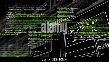 Displaying overlaid source code and UI wireframe panels in workspace with monitors and glitch lines Stock Photo
