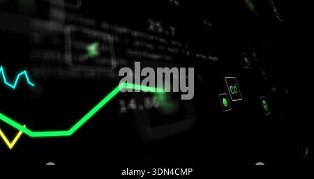 Displaying neon green polyline chart rising diagonally in virtual dashboard, with glowing icons Stock Photo