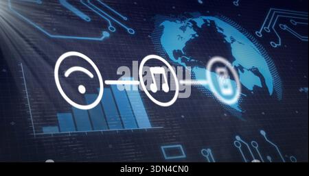 Showing centered dashboard displaying gauge, music-note, padlock icons and bar-chart next to globe Stock Photo