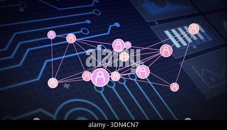 Displaying cluster of interconnected avatar nodes on dark blue grid, with pink hub nodes and lines Stock Photo