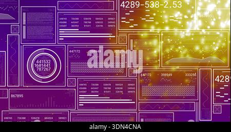 Displaying centered digital dashboard with layered panels, circular gauge, line graphs, purple-gold Stock Photo