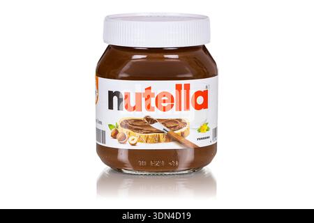 Stuttgart, Germany - September 25, 2025: Nutella hazelnut cocoa spread 450g jar with company logo isolated on a white background in Stuttgart, Germany Stock Photo