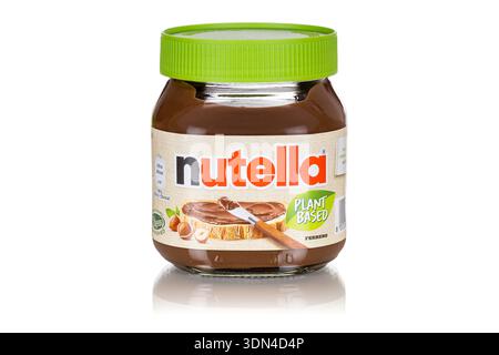 Stuttgart, Germany - September 25, 2025: Nutella plant based vegan hazelnut cocoa spread 350g jar with company logo isolated on a white background in Stock Photo